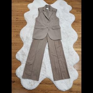 Beige H&M Oversized Shoulder Pads Long Vest and High Waisted Wide Leg Pants Set